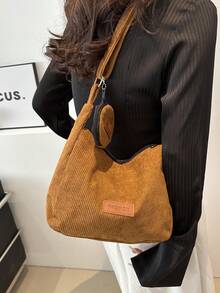 2024復古燈芯絨手提包大容量通勤媽咪包時尚單肩包學生包 - 棕色 - 查看 2