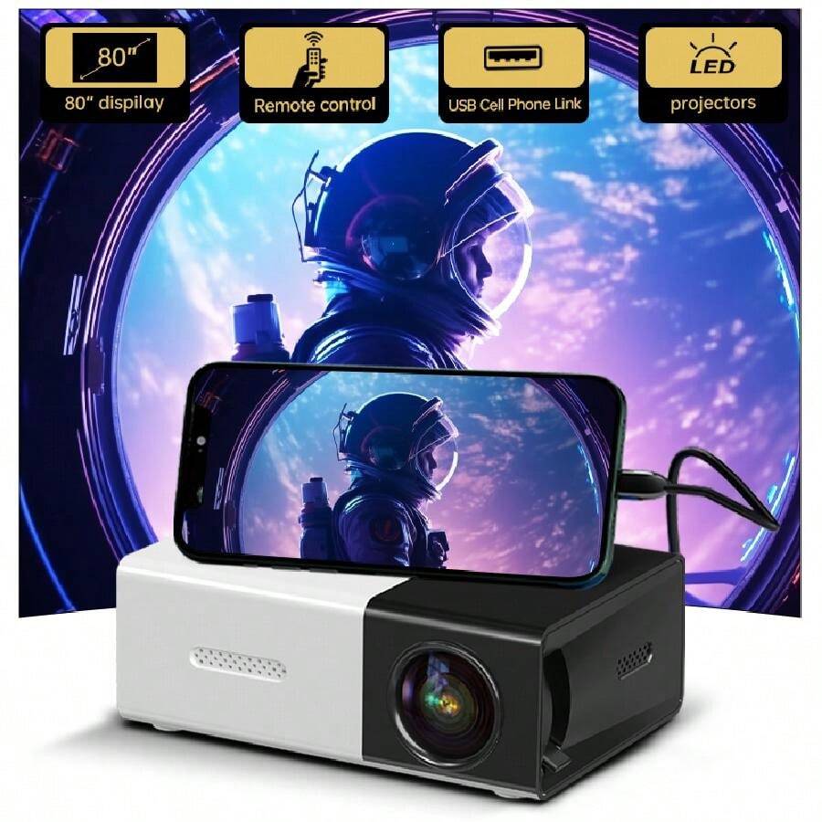 Mini Projector, Portable Movie Projector, Small Video Projector, For Smartphone,Laptop,Game Console,PS5, PC,TV Stick,Compatible With HDMl,USB, Audio, AV. - EU C Type Plug(220-240V) - View 1