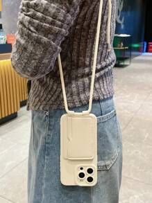 1pc Card Bag Style Jute Rope Shoulder/Crossbody Strap, 1pc Sand/Light Pink/Lotus Root Color Angel Eye Flat Edge Raw Material Perforated Anti-Falling Phone Case Compatible With Apple/Redmi/VIVO/Infinix/OPPO/Reno/Realme Waterproof Shockproof Scratch Resistant - Beige - View 2