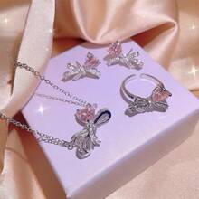 4 peças/conjunto de colar, anel e brincos de nó de laço em forma de coração rosa, leve e luxuoso. Presente ideal para mulheres usarem em ocasiões diárias e também para o dia dos namorados para dar à namorada. Dia dos namorados, mãe, mãe, dia das mães, presente