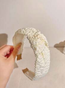 1pc Girls' High Crown Headband With Pearl & Bow & Ruffle Decor For Princess Look