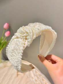 1pc Girls' High Crown Headband With Pearl & Bow & Ruffle Decor For Princess Look