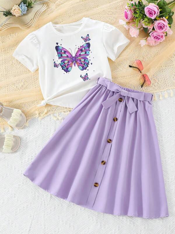 Tween Girl Butterfly Printed Short Sleeve Top And Skirt 2pcs/Set