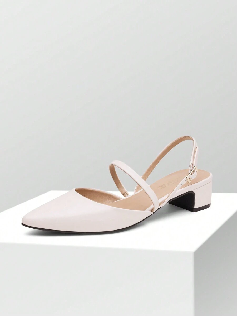 Women's Pumps Chunky Closed Toe Low Block Heels Strappy Buckle Pointed Toe Slingback Dress Wedding Party Shoes - trắng - Xem 1