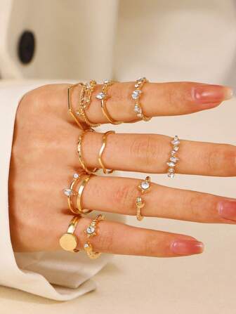 12 Piezas/set Anillo De Recorte De Círculo Geométrico Simple Y Elegante Con Circonita Y Diamante De Imitación, Decoración Multi-elemento De Corazón Y Mariposa Para El Uso Cotidiano, Fiestas Y Bodas De Mujeres