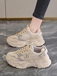 時尚增高厚底透氣女運動鞋,女式戶外休閒復古風格綁帶厚底運動鞋 - 卡其色 - 查看 1