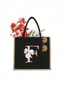 1入粉色字母印花黑色手提袋，黃色亞麻邊緣設計，簡約大方，情人節禮物，女性伴娘個性化結婚禮物袋，化妝包，旅行簡易收納袋，純色化妝品錢包，大容量旅行化妝包：非常適合戶外美容！ 適合婚禮，生日，海灘和假期，是女性，母親，老師，朋友和伴娘的絕佳禮物。 大袋適合學生，回學校和... - 黑色 - 查看 28