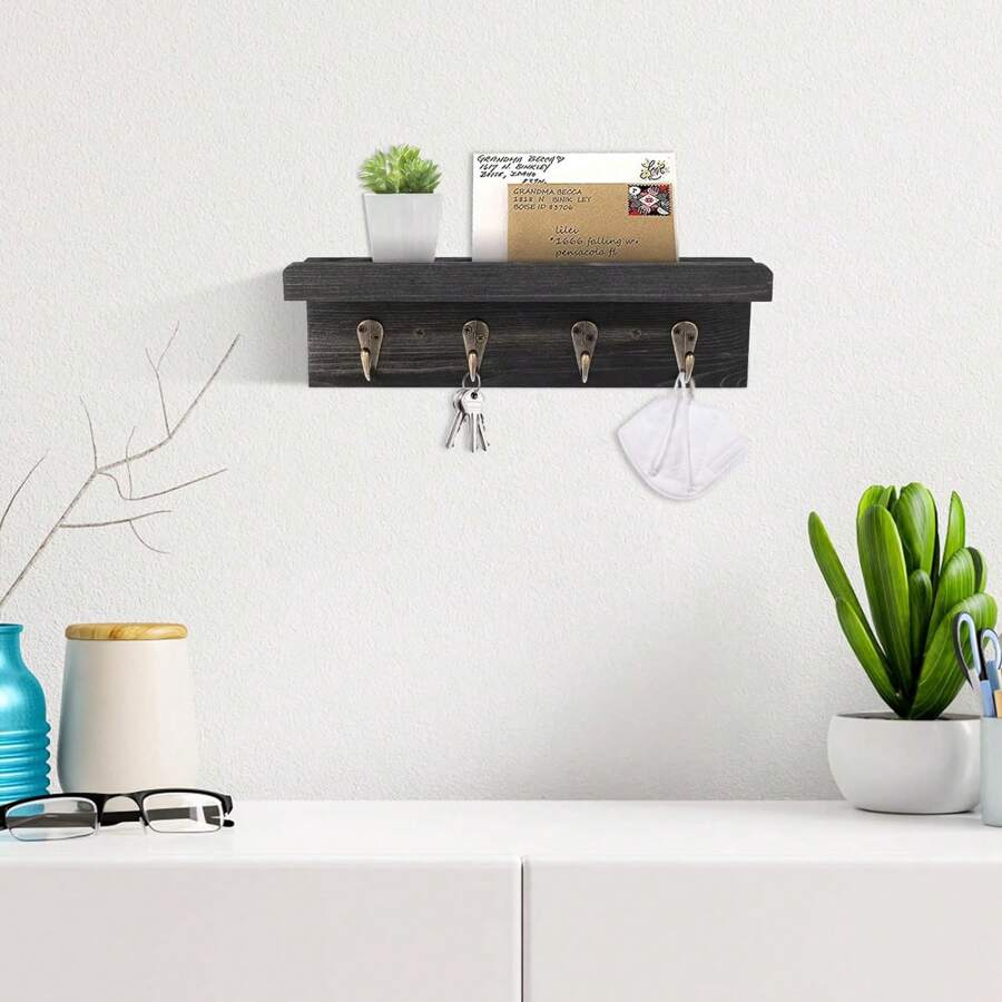 Rustic Key Holder for Wall, Farmhouse Wall Shelf with 4 Hooks, Wall