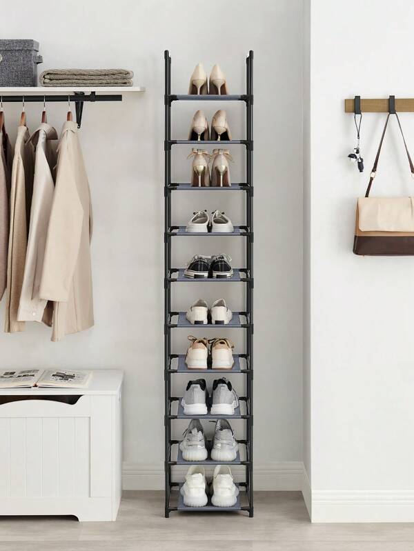 SONGMICS Zapatero, Organizador Zapatos,10 Baldas, Zapatero Abierto Estrecho, 33 x 33 x 173 cm, Marco de Metal, Estantes de Tela no Tejida, para Pasillo, Dormitorio, Gris, Vuelta al Cole