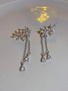 1pair Simple But Elegant Flower & Tassel Design Dangle Earrings With Unique Luxury Minimalist Style Valentines - Silver - View 5