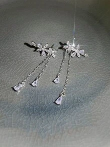1pair Simple But Elegant Flower & Tassel Design Dangle Earrings With Unique Luxury Minimalist Style Valentines - Silver - View 1