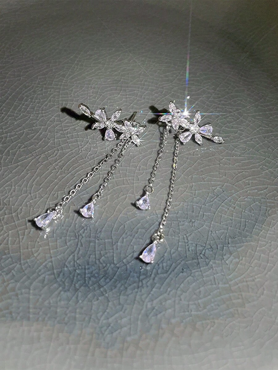 1pair Simple But Elegant Flower & Tassel Design Dangle Earrings With Unique Luxury Minimalist Style Valentines - Silver - View 1