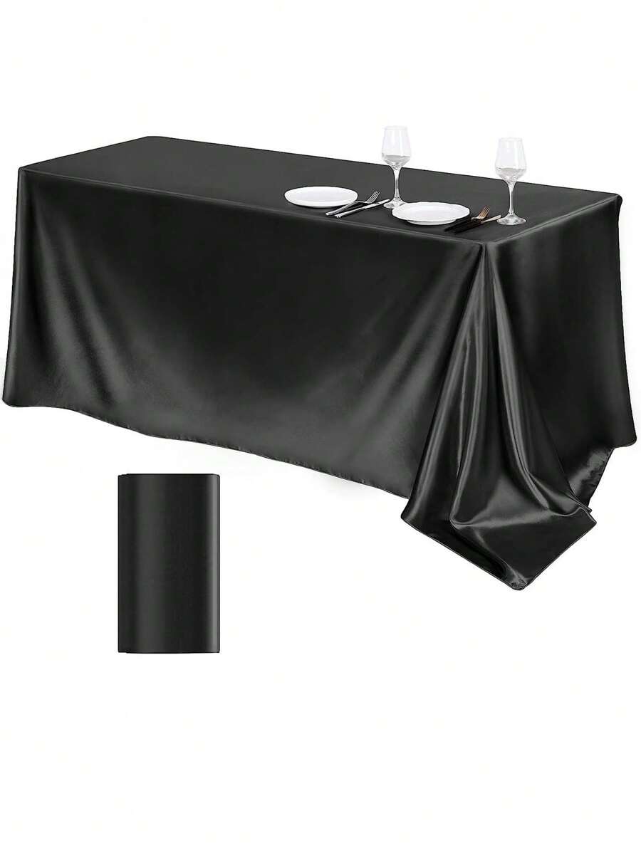 1pc Black Simulated Silk Tablecloth/Solid Satin Tablecloth/Table Runner/Coffee Table Cover For Wedding Banquet - Black - View 1