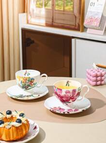 Floral Tea Cup & Saucer Set, Ceramic Coffee Cup 1 Cup 1 Saucer 150ml - Pink - View 2
