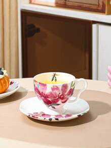Floral Tea Cup & Saucer Set, Ceramic Coffee Cup 1 Cup 1 Saucer 150ml - Pink - View 1
