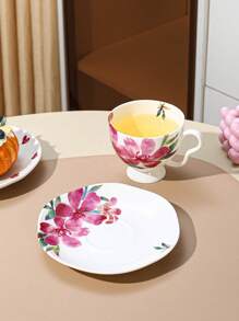 Floral Tea Cup & Saucer Set, Ceramic Coffee Cup 1 Cup 1 Saucer 150ml - Pink - View 5