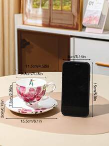 Floral Tea Cup & Saucer Set, Ceramic Coffee Cup 1 Cup 1 Saucer 150ml - Pink - View 3