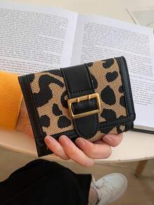 女款pu面料時尚豹紋三折錢包卡片包包復古扣環和金屬裝飾便攜短款錢包 - 彩色 - 查看 2