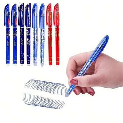 13入組（10筆心+2支筆+1橡皮擦）可擦筆組，可水洗手柄黑藍紅色墨水書寫膠筆筆芯，適用於學校辦公室文具用品