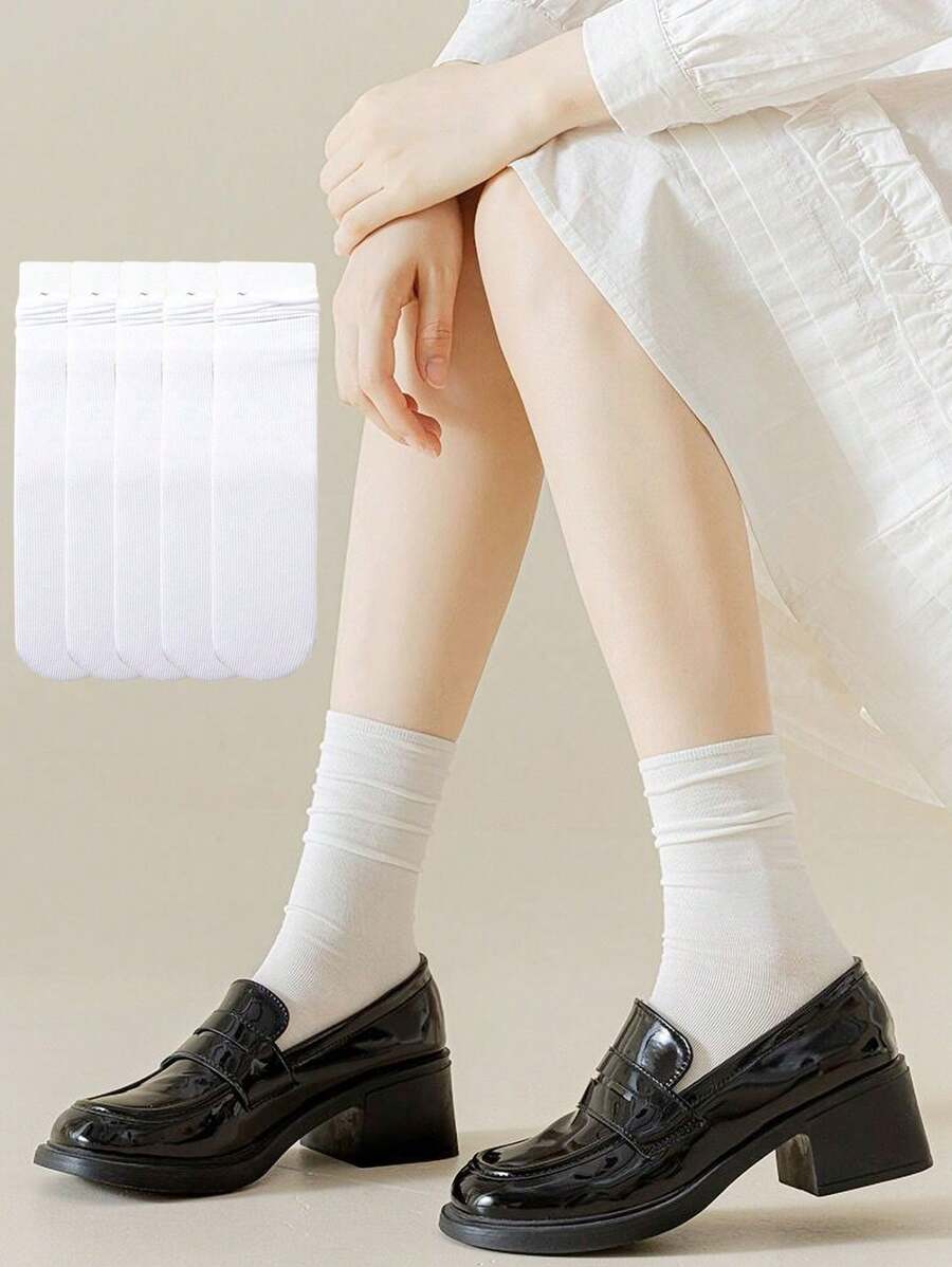 5pairs Women's Breathable Rolled Cuff Pile Heap Socks, Summer Thin Mid-Calf Cool Stockings, White, Fall - White - View 1