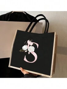 1入粉色字母印花黑色手提袋，黃色亞麻邊緣設計，簡約大方，情人節禮物，女性伴娘個性化結婚禮物袋，化妝包，旅行簡易收納袋，純色化妝品錢包，大容量旅行化妝包：非常適合戶外美容！ 適合婚禮，生日，海灘和假期，是女性，母親，老師，朋友和伴娘的絕佳禮物。 大袋適合學生，回學校和... - 黑色 - 查看 4