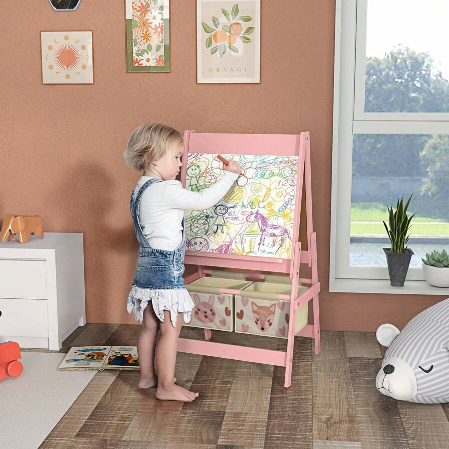 AIYAPLAY Caballete para Niños 3 en 1 Caballete Infantil de Doble Cara Caballete de Arte con Rollo de Papel Pizarras y 2 Cestas de Almacenamiento 54x46,5x93 cm - Rosa - Ver 1