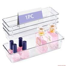 Desk Drawer Storage Box, Transparent Drawer Organizer With Silicone Pad, Vanity Storage And Organizing Space, Non-Slip Plastic Storage Box For Makeup, Bathroom, Kitchen, Office - Clear - View 1