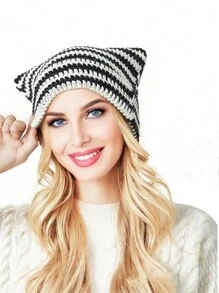 Cute 1pc Women Wool Mix Striped Pattern Casual Beanie - Black - View 1