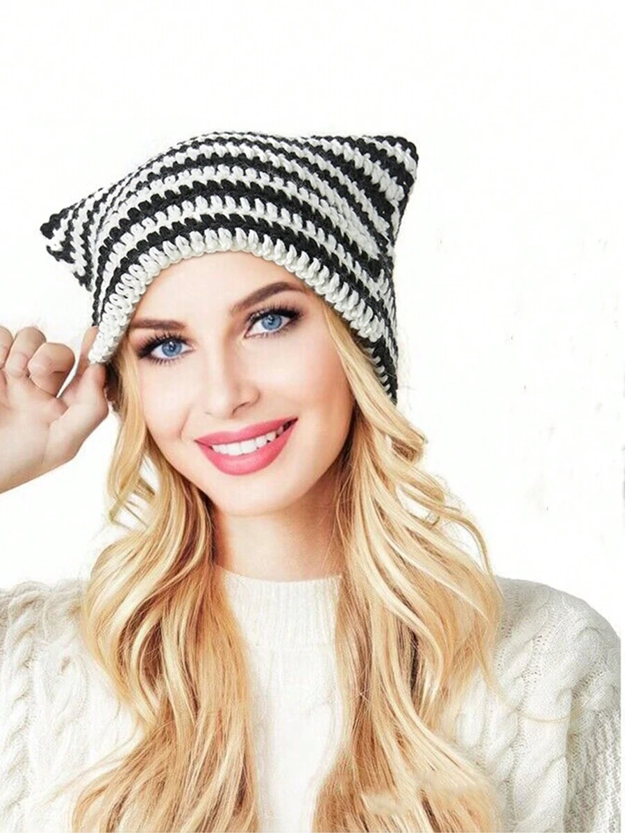 Cute 1pc Women Wool Mix Striped Pattern Casual Beanie - Black - View 1