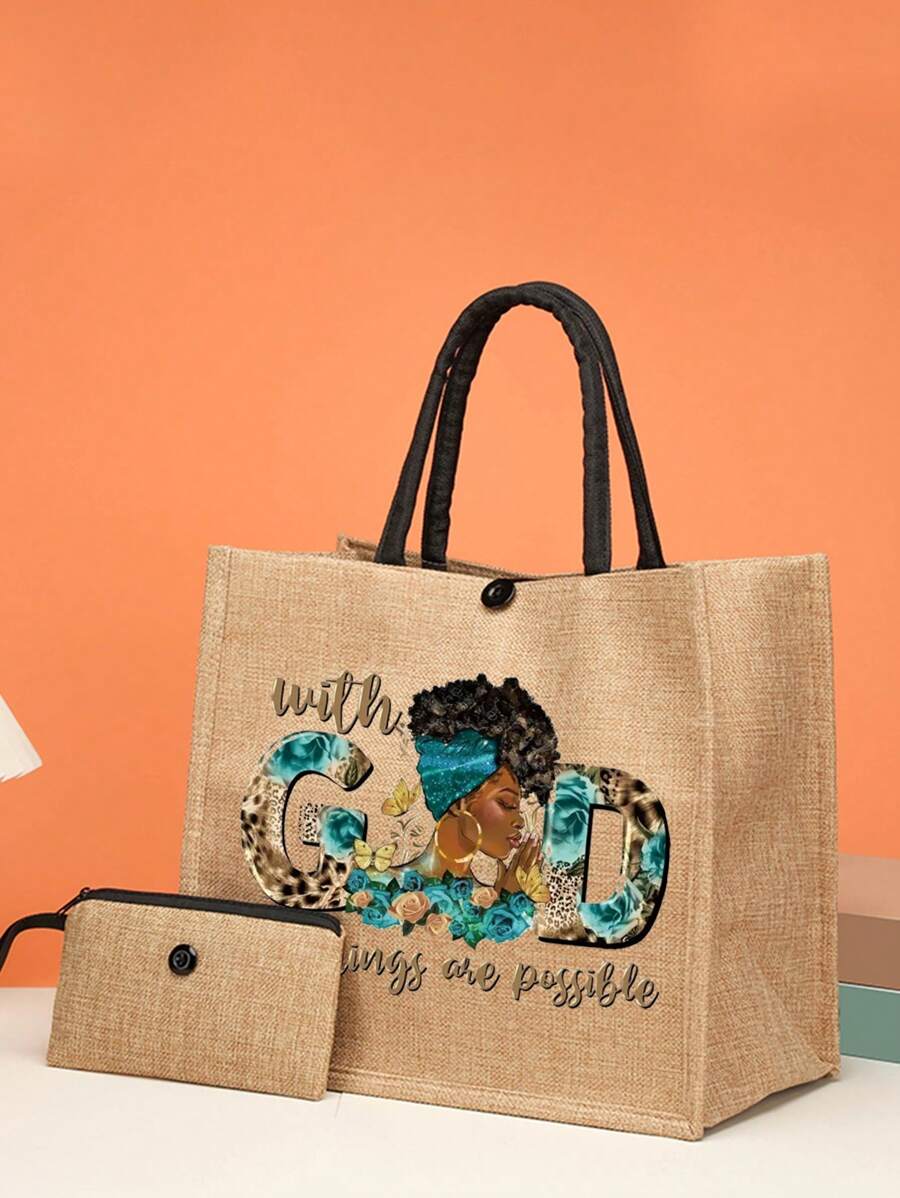 Juego De 2 Bolsas Grandes De Yute De Gran Capacidad Con Estampado De Letras, Bolso De Hombro De Impresión De Letra, Bolso Casual Para Mujeres, Bolsa De Compras Y Regalo. Juego De Bolsas De Yute Con Estampado De Letras, Bolsa De Hombro De Impresión De Letra, Bolsa De Compras De Gran Capacidad Con Monedero. Regalos Para El Día A Día.