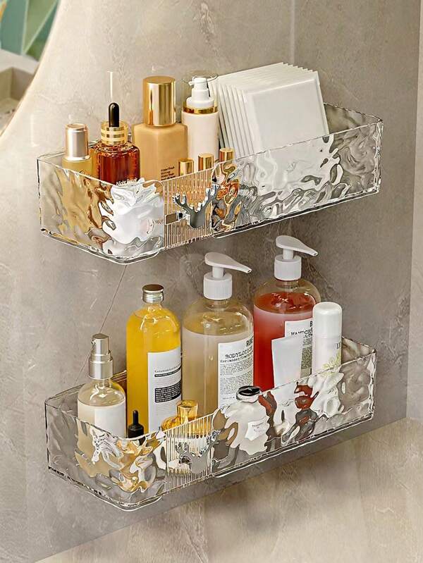 1 pièce Étagère de rangement de salle de bain avec crochets, étagère murale rectangulaire au design vague d'eau transparent, idéale pour les produits cosmétiques et les ustensiles de cuisine, aide à organiser et à améliorer l'utilisation de l'espace dans les coins. Décoration de salle de bain, organisateur de salle de bain, décoration d'automne, rentrée scolaire