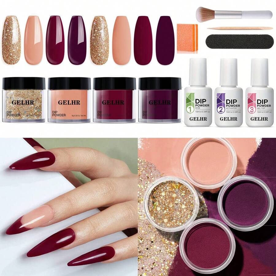 GELHR Dip Powder Nail Kit, 4 Colors Nude Golden Glitter Dipping Powder