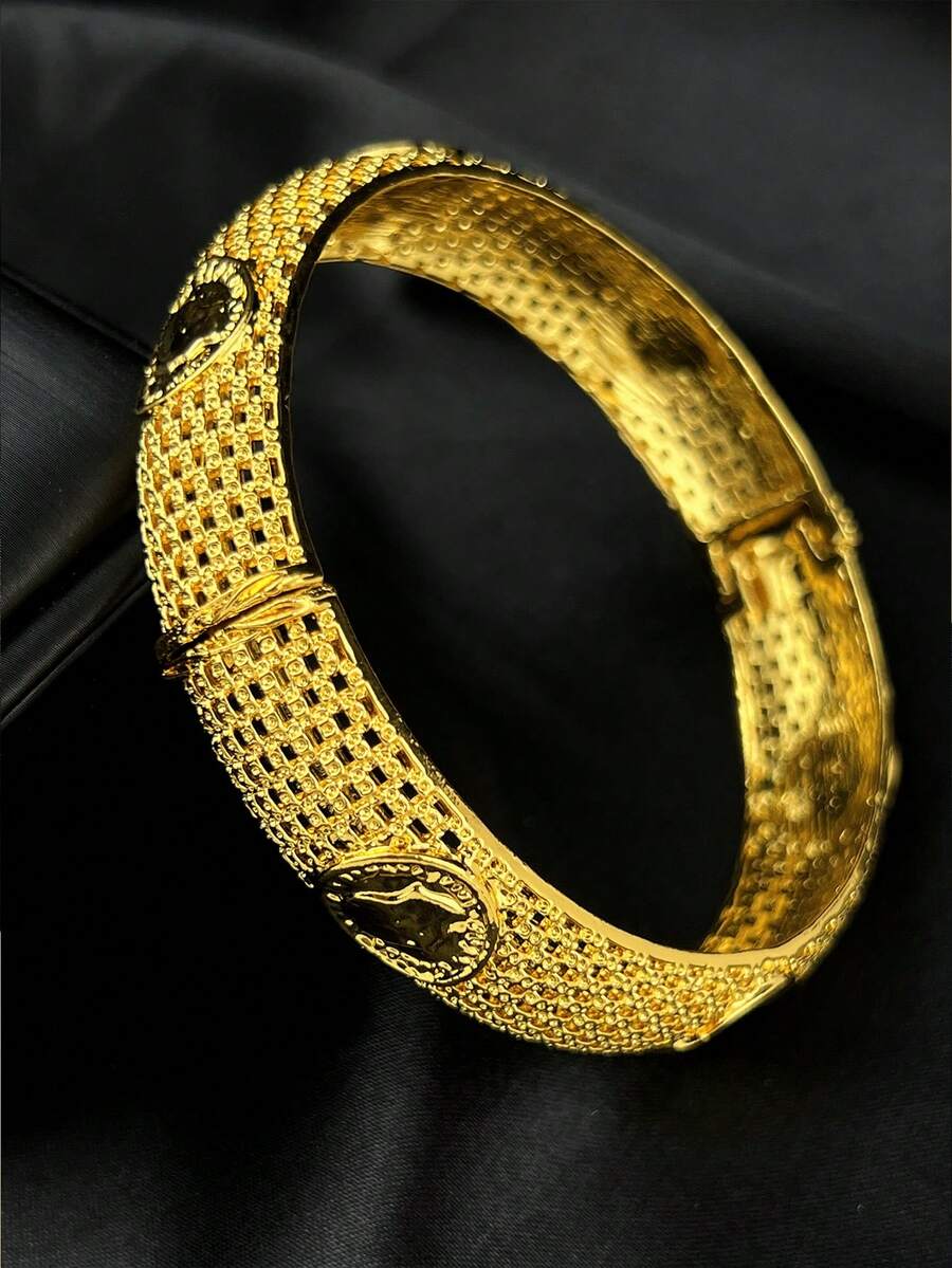 阿拉伯飾品dubai 24k鍍金合金手鐲,婚禮手鐲非洲豪華女性硬手環吸引力阿拉伯手飾品 - 金色 - 查看 1