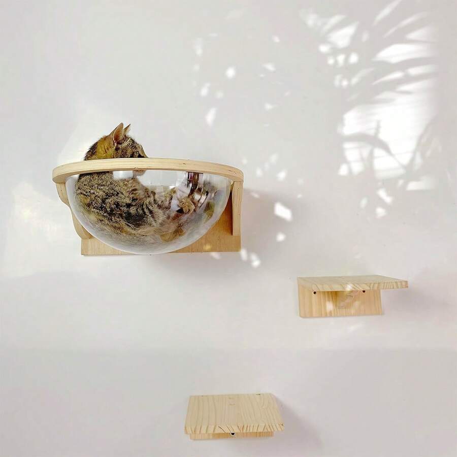 1入創意透明太空艙造型壁掛式貓窩,穩定的貓爬架家具,適合玩耍和休息,最大載重13.6kg (30lb) - 棕色 - 查看 1