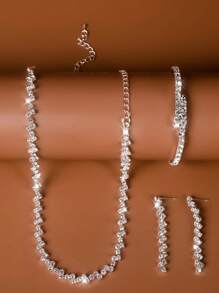 Set De 4 Collares Delicados Decorados Con Cúbico Para Mujeres, Adecuados Para Uso Diario, Bodas Y Fiestas - Plateado - Ver 4