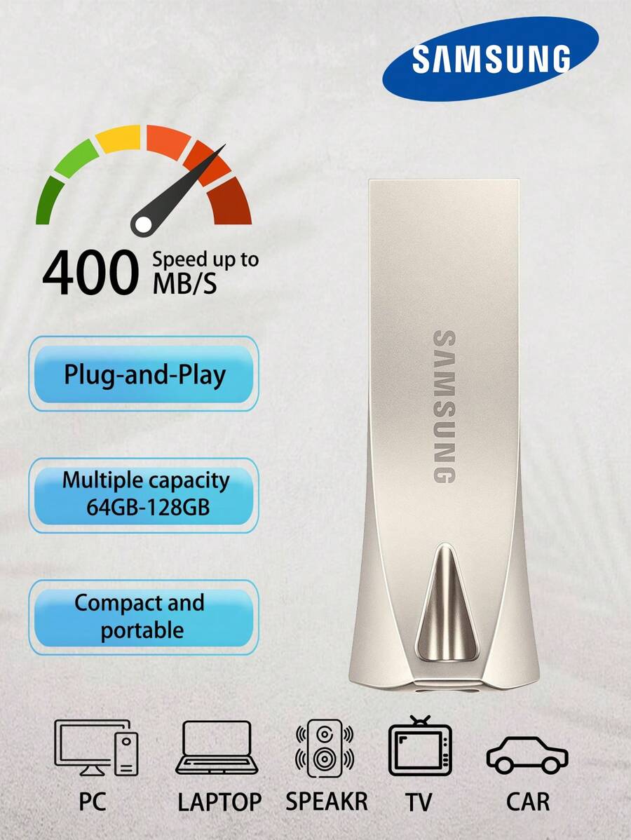 Samsung BAR PLUS USB 闪存盘 64GB 128GB 256GB USB 闪存盘 USB3.1 笔式驱动器 最高可达 300MB/S - 銀色 - 查看 1