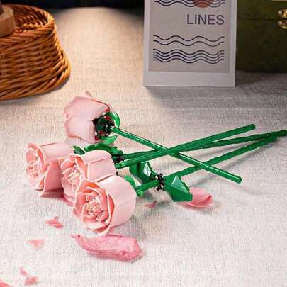 1pc Brick Rose Flower Pot, Valentine's Day Rose Bouquet Eternal Flower Puzzle Toy Set, Room Decor, Winter Gift, Colorful Bricks