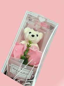 1 Pieza Caja de regalo de PVC Rosas artificiales de oso, Flores artificiales de simulación para sala de estar, decoración de dormitorio, regalo de San Valentín - Rosa - Ver 2