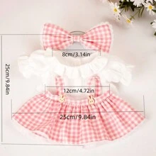 1套新款粉色方格木質扣子連身裙娃娃服飾更換套件 - 包括1個蝴蝶結 + 1個上衣 + 1條裙子,適用於填充動物/可愛娃娃/服裝 - 木扣衣裙 - 查看 5