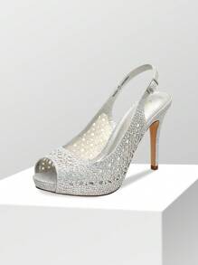 Women's Invest High Heels Platform Sexy Dress Rhinestones Peep Toe Pumps Shoes - 銀色 - 查看 1