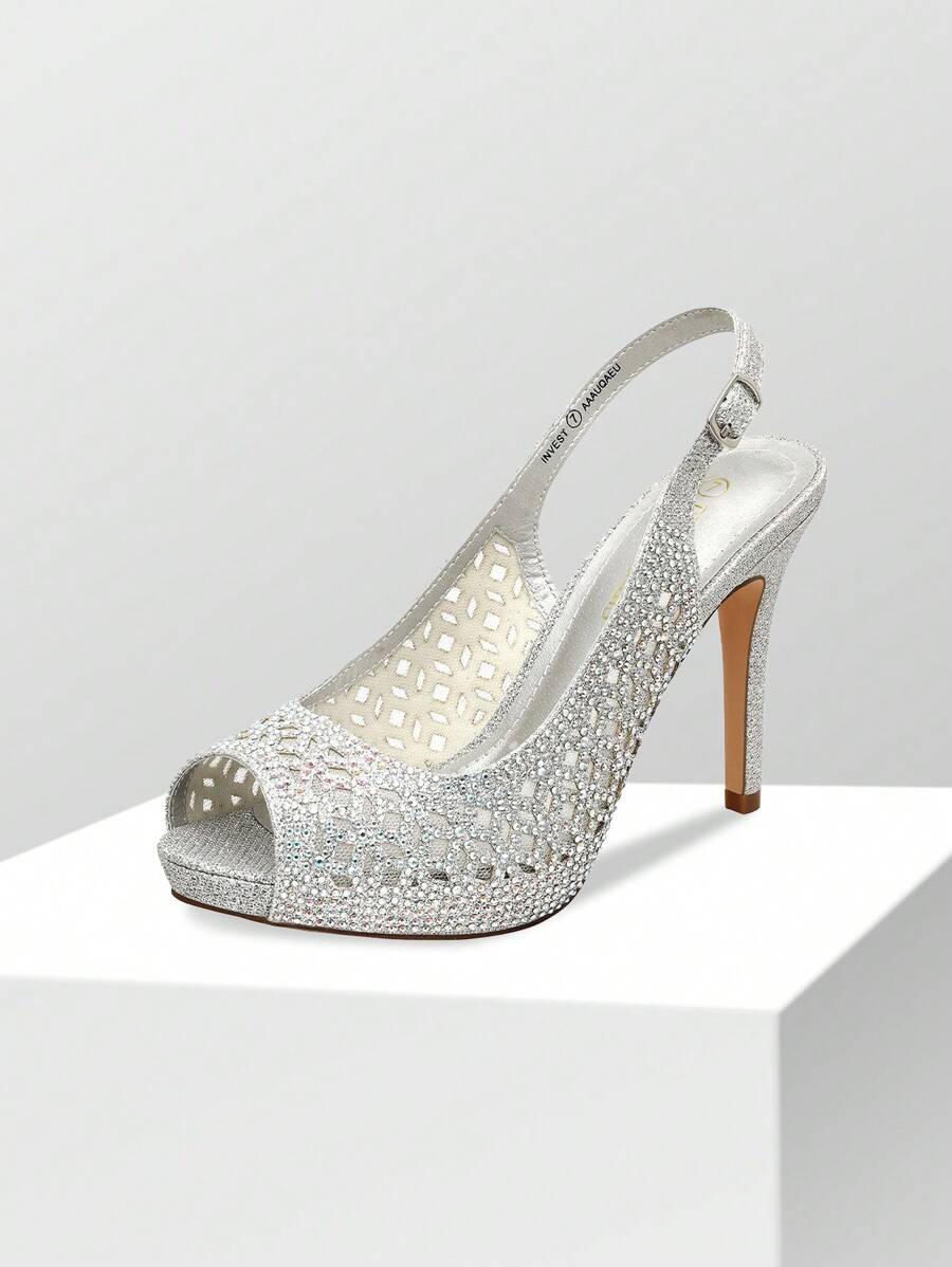 Women's Invest High Heels Platform Sexy Dress Rhinestones Peep Toe Pumps Shoes - 銀色 - 查看 1