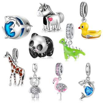 MAGIC CHARMS 1pc 925 Sterling Silver Animal Shaped Pendant (Flamingo, Giraffe, Duckling, Shark, Foal, Panda) Charm Diy Accessory For Women's Bracelets And Necklaces, Fine Jewelry, Holiday Gift
