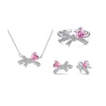 4 peças/conjunto de colar, anel e brincos de nó de laço em forma de coração rosa, leve e luxuoso. Presente ideal para mulheres usarem em ocasiões diárias e também para o dia dos namorados para dar à namorada. Dia dos namorados, mãe, mãe, dia das mães, presente