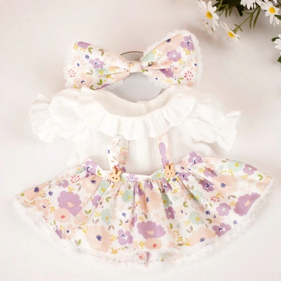 1套新品薰衣草木釦娃娃衣服,可拆卸服裝,包括1個頭部飾物+1件上衣+1件裙子,毛絨玩具/可愛/衣服 - 木扣衣裙 - 查看 1