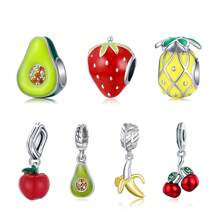 WOSTU 1 Pieza Colgante De Cuentas De Amuleto De Frutas Coloridas De Plata De Ley 925 Con Series De Piña, Aguacate, Fresa Linda, Manzana Roja Y Cereza Dulce Para Mujeres Hacer Pulseras Y Collares De Joyería Alta