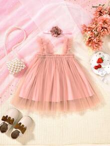 2pcs/Set Baby GirlSweet Style Mesh Strap Dress & Headband - Coral Pink - View 3