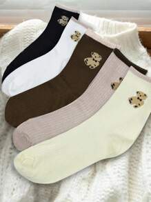 5pairs/pack Autumn And Winter Style Mid-calf Campus Style Bear Embroidery Sport Socks - Multicolor - View 1