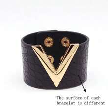 Black Wide V-Shaped PU Leather Bracelet, Punk Style Metal Wristband, Cosplay - Black - View 3