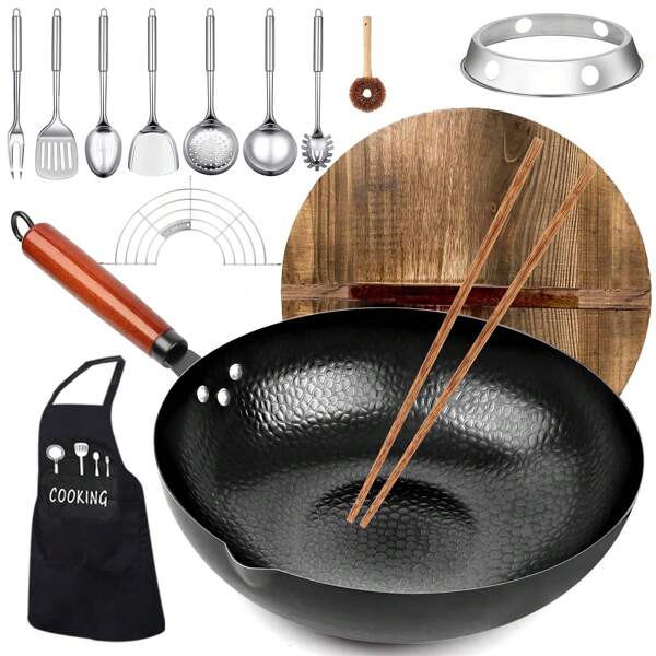 Carbon Steel Wok Pan, 14 Piece Woks & Stir-Fry Pans Set With Wooden Lid Cookwares, No Chemical Coated Flat Bottom Chinese Pan For Induction, Electric, Gas, Halogen All Stoves - 12.6''