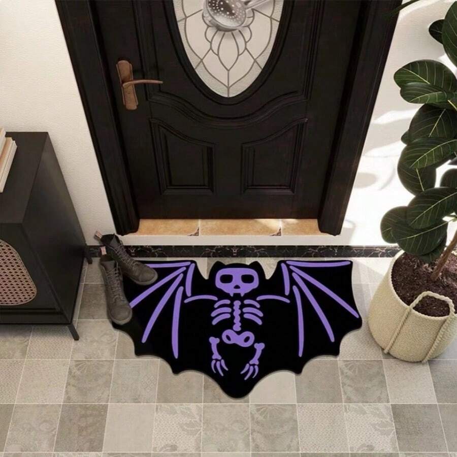 1pc Bat Shaped Silicone Doormat, Thicker 5mm Anti-Slip Absorbent Wear-Resistant Carpet For Hallway, Bathroom, Washroom, Used As Halloween Decoration - Purple - View 1